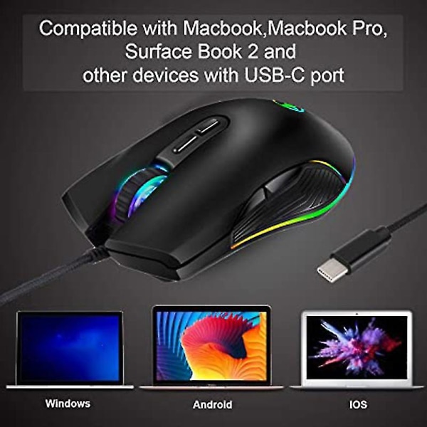 USB C mus typ C Ergonomisk trådbunden mus RGB optisk mus (svart)