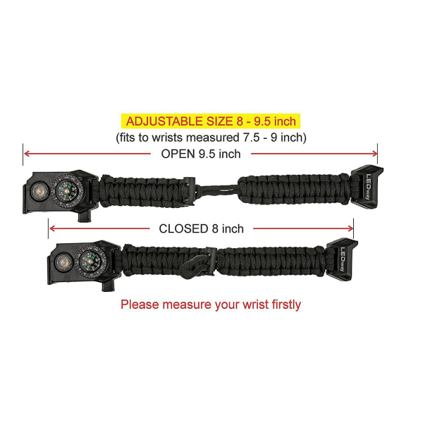 2st svart och grönt Survival Paracord Armband - Tactical Emergency Gear Kit med Sos LED-ljus, justerbart, multiverktyg, brandstartare, kompass och W