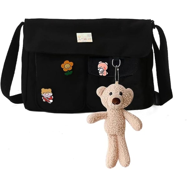 Kawaii Messenger Bag Sød Canvas Crossbody-taske Æstetisk japansk Ita-taske med Kawaii-nåle og vedhæng til skolepige（C Khaki Bear Pendant）
