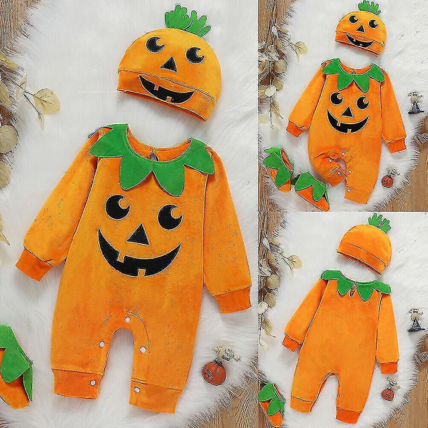 Toddler Baby Pumpkin Cutie Kostume Halloween Fancy Dress Romper Sokker Hat Outfit(18-24M）