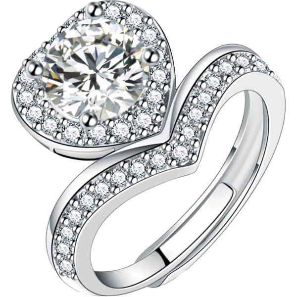 2 hjerteformet ring belagt med 1 guldchip diamant stor v-formet hjerteformet zirkonring vielsesringe til piger 10-12 Justerbar (guld One Si