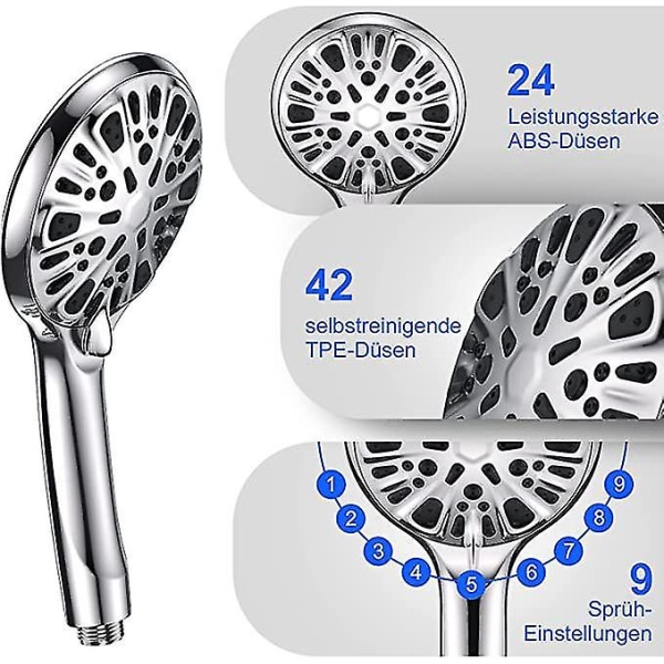 Handdusch med 9 lägen - Badrumsduschhuvud Vattenbesparande och flexibel / Lågt vattentryck / Krom