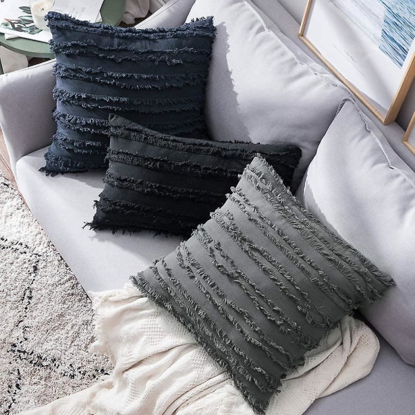 Set med 2 Dekorativa Boho Kuddfodral Linne Randig Jacquard Mönster Kuddfodral för Soffa Soffgrupp Vardagsrum Sovrum 18x18 Tum Mörkgrå