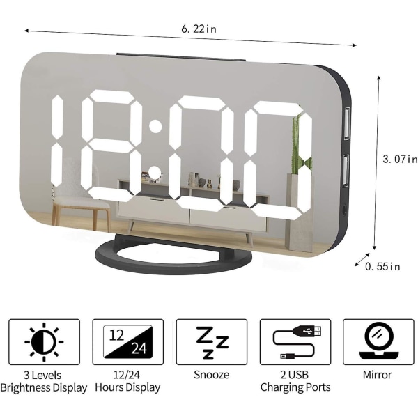 Digitaalinen herätyskello, iso peilattu led-kello, torkku, himmeä yövalo 2 USB laturiporttia Pöytäherätyskellot makuuhuoneen sisustukseen (musta)