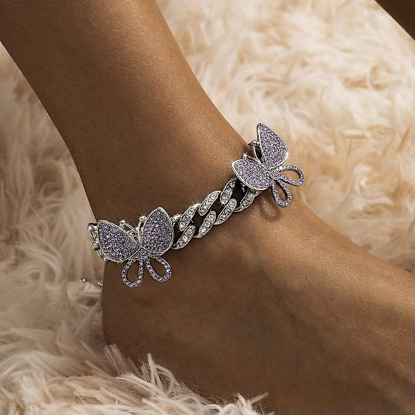 Sød Butterfly Cuban Link Anklet Justerbar Ankelkæde Anklet Armbånd Til Kvinder Teen Piger Sommer Bling Smykker Tilbehør - -