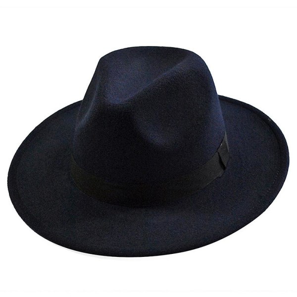 Kvinde jazzhat bred skygge varm imiteret uld Fedora hat retro stil bælte panamahat ny (marineblå)