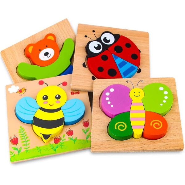 Djurpussel i trä för småbarn 1 2 3 år gamla, pojkar och flickor Pedagogiska leksaker Present med 4 djurmönster, ljusa, livfulla färgformer, anpassa