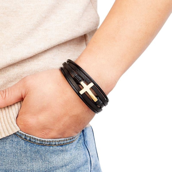 Nyt armbånd til mænd Cross Mutilayer flettet læder indpakning High End armbånd Trend personlighed mode smykker (brun sort)