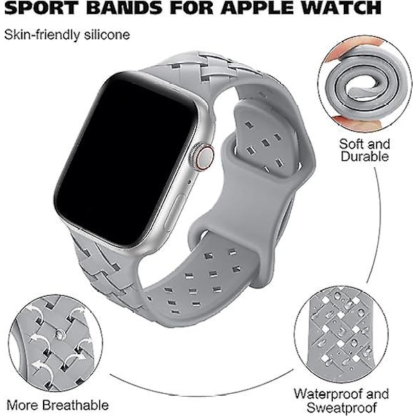 Silikonband med flätad vävning, kompatibel med Apple Watch 42mm 44mm 45mm 49mm, utbytbart silikonband för sport, andningsbart, för kvinnor och män - grå