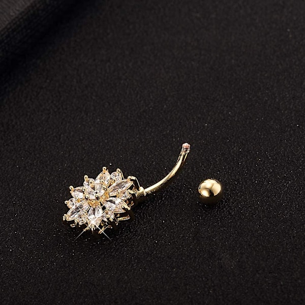 Cz Blomst Navlering - Kirurgisk Stål Vibrerende Rhinestone Blomst Navleringer Forgylt I 18k Gull - Diamant Kort Krysantemum Navlepiercing