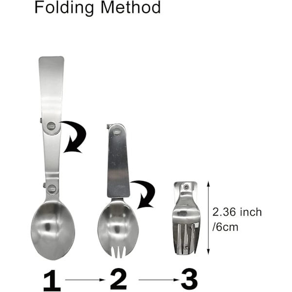 3 stk Foldbar Ske, Gaffel og Salatspork Sæt 18/10(304) Rustfrit Stål Bærbar Camping Bestik Sæt