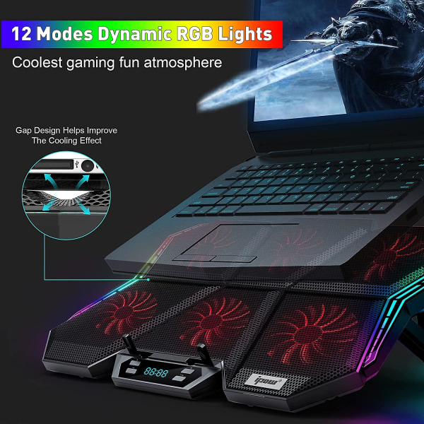 12-läges Rgb-kylplatta för bärbar dator Led-skärm Gaming Laptop-kylare med 6 höghastighetsjusterbara fläktar, 7 höjder stativ, 2 USB portar, kompatibel upp till 17