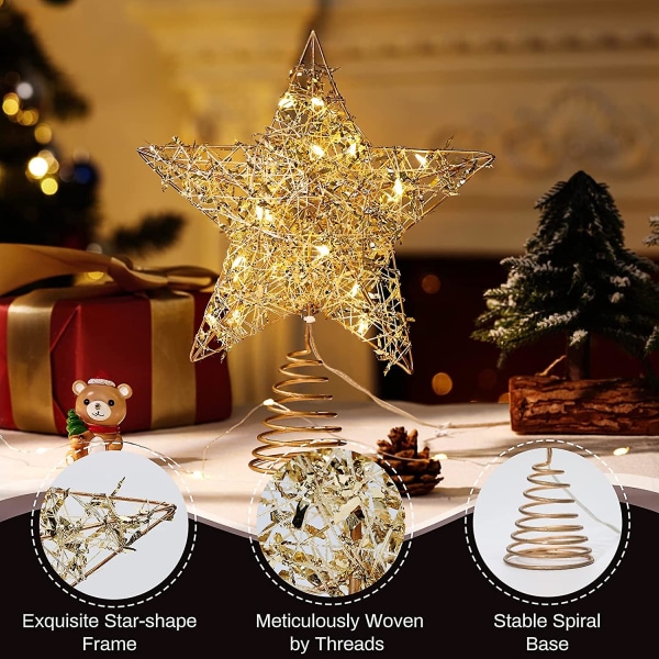 Star Tree Topper, batteridriven , Guld Julstjärna Treet Top med Timer Dekorativt ljus med silverremsor, 20 led ljus Xmas Metal Wire Tree Top