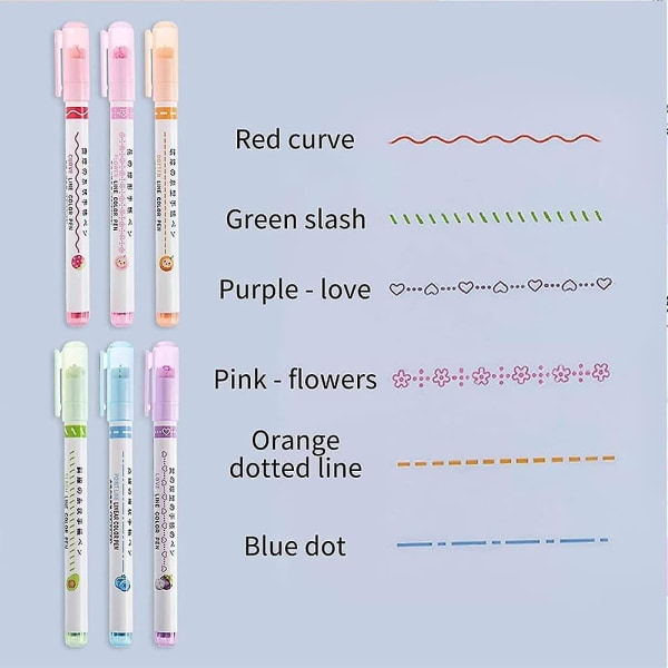 Curve Highlighter-pennsett, doble tuppspenner med 6 forskjellige kurveformer, fargede kurvepenner, Highlighter-penn for å skrive tegning (6 stk)