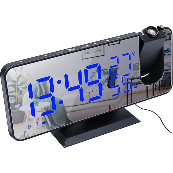 Projeksjonsklokkeradio Digital klokkeradio 4 dimmere og 180 roterbare og 2 lyder 7,4'' stor speilskjerm svart-blå