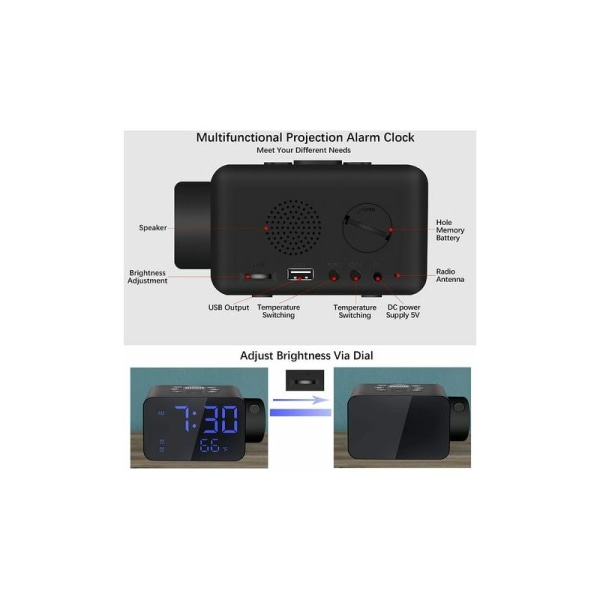 Radioväckarklocka för takprojektion, FM-väckarklocka med takprojektor, temperaturdisplay, USB laddningsport, två väckarklockor, svart urtavla
