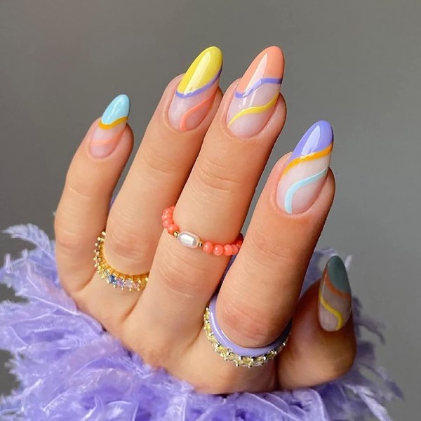 24 st(färgglada virvel) Press On Nails Medium, Fake Nails Mandellim på naglar, lösnaglar med lim, Akrylnaglar för kvinnor och flickor