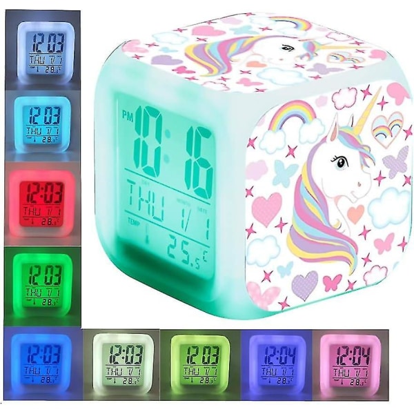 Yksisarvinen digitaalinen herätyskello - kirkas LED-LCD-kuutio valolla, syntymäpäivälahja tytöille (7)
