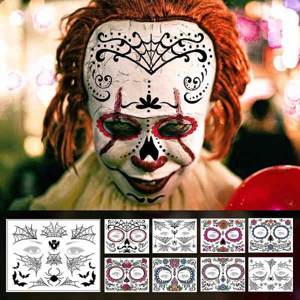 9-pack Day Of The Dead Sugar Skull Face Temporary Tatuering Halloween Makeup Tatueringsdekaler för Halloween Maskerad PartyColor