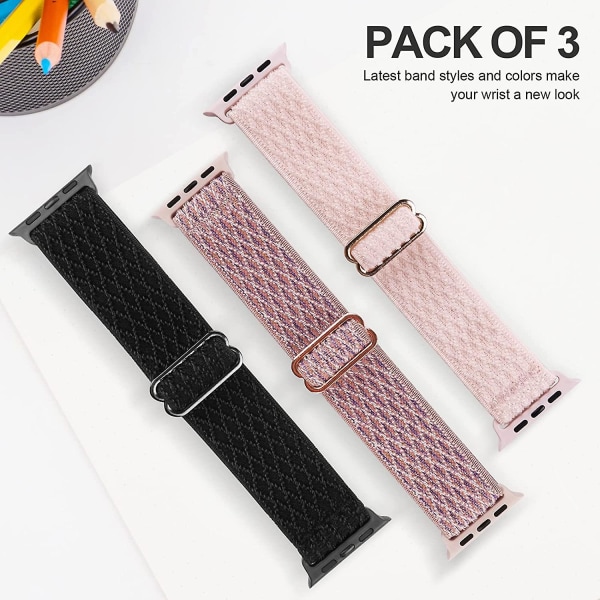 Stretchbare Nylon Solo Loop-bånd Kompatibel med Apple Watch 45mm 44mm 42mm, Rem for Iwatch Serie 7 6 5 4 3 2 1 Se (Svart, Rosa Sand, Perle Rosa)