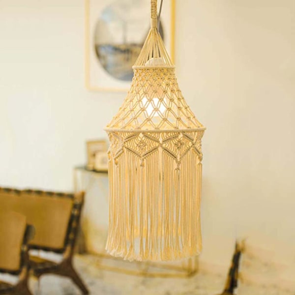 Stickad lampskärm Passande takskärm, Boho taklampa för vardagsrum, sovrum och badrum, handvävd bohemisk dekoration, varmvit (glödlampa nr