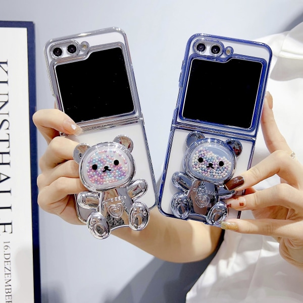 Z Flip 5 case, sähköpinnoitettu Cartoon Bear iskunkestävä pudotuksenkestävä case Samsung Galaxy Z Flip 5:lle jalustalla (hopea)