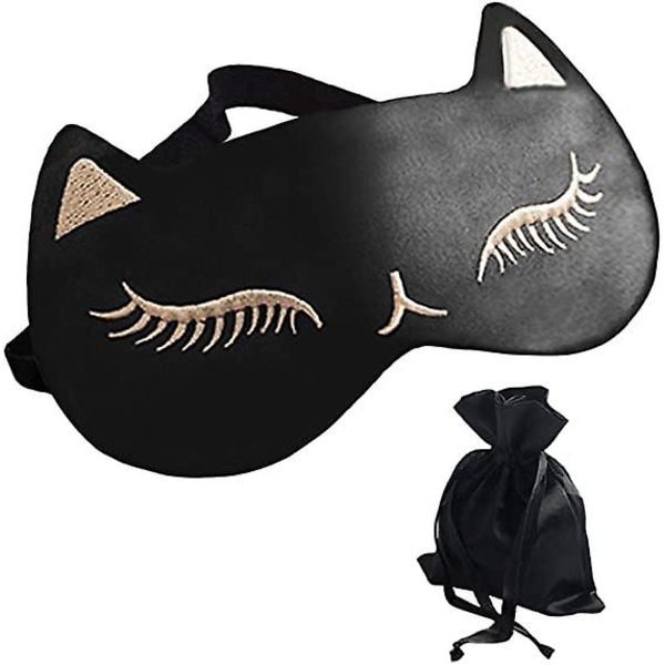 Cat Sleep Mask Nattmask Naturlig Silk Blackout Ögonmask för sömn Resemask med justerbar rem för kvinnor och män, svart