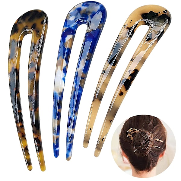 French Hair Forks Tortoise Shell U Shape Updo Hair Pins Clips For Thin Thick Hair, 4.3 Inch Classic Cellulose Acetate 2 Prong Bun Hair Sticks Chignon