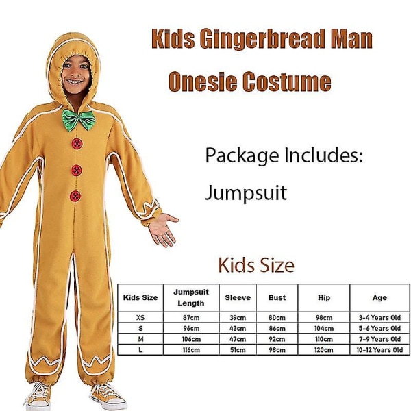 Unisex Pepperkake Jumpsuit Julekarneval Cosplay Voksen Gingerbread Man Onesie-kostyme beste valg (XS, barnestørrelse)