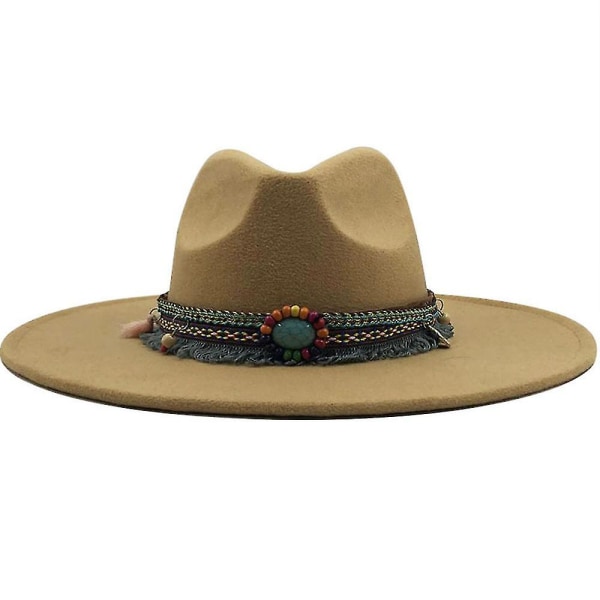 Ny etnisk stil Bred storbrem ulljazzhatt Vår høstfilt Fedora Elegante kirkehatter For kvinner Vintage Menn Panama Cap（Khaki Fedora Hat）