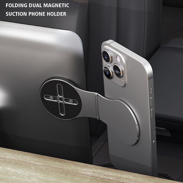 Sammenfoldelig dobbelt magnetisk mobiltelefonholder Bærbar praktisk telefonholder til hjemmebrug (grå)