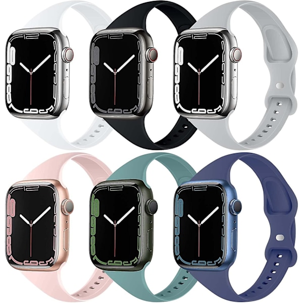 6-pack Slim Silikonarmband Kompatibelt med Apple Watch Band 38mm 40mm 41mm 42mm 44mm 45mm, Sport Smal Ersättningsrem Tunn Armband för Iwatch Ser