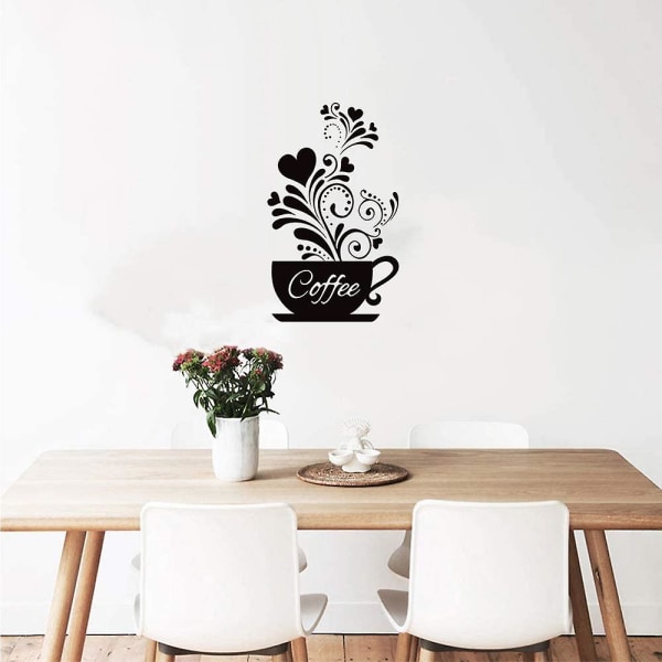 kaffekopp + blomma köksväggklistermärken - Avtagbar väggdekor för café, bar och kaffestation - 30 X 48 cm