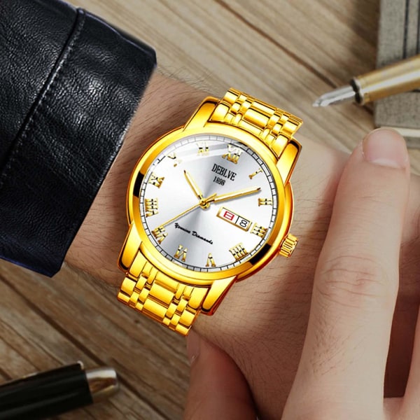 Armbandsur för män Lyxiga rostfria watch för mötes- och dejtingjubileum（Blue Faced Golden Band)