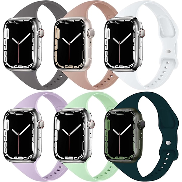 6-pak Slank Silikonreim Kompatibel med Apple Watch 38mm 40mm 41mm 42mm 44mm 45mm, Sportslig Smal Erstatningsreim Tynn Armbånd for Iwatch Ser