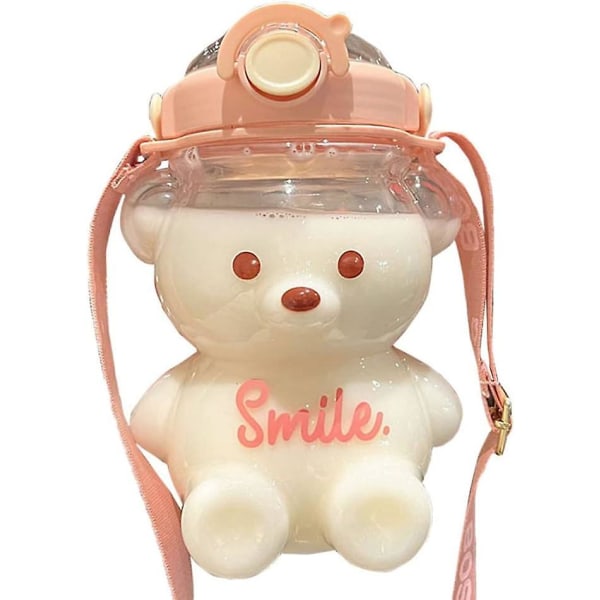 Kawaii Bear Halm Vattenflaska Barn Tecknad Bärbar Halmflaska Med Halm och Bärring Justerbar axelrem Återanvändbar-1000ml（transparent）