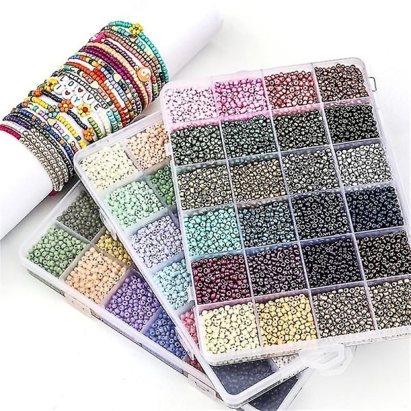 Glassfrøperler 24 farger små perlersett Armbåndperler for smykkefremstilling（B Mørk)