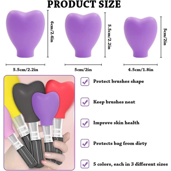 Silikonsminkborstskydd, 3 storlekar Flexibelt sminkborsteskydd för resor, hjärtformade silikon kosmetiska borsthylsor Kepsar för förvaring och eller