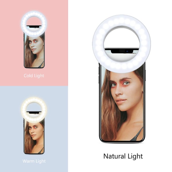 Svart vit mobiltelefon selfie-ljus, ringljus, 40 led-ljus med 3 ljusstyrka, USB uppladdningsbart selfie-ljus för alla mobiltelefoner, surfplattor och