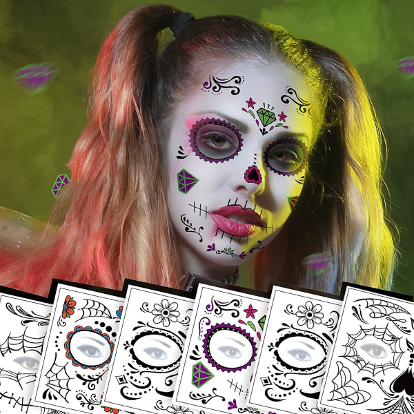 6-pack Day Of The Dead Sugar Skull Face Temporary Tattoo Halloween Makeup Tatuering Stickers för Halloween Maskerad PartyColor