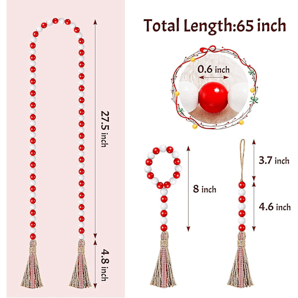 3 kpl Ystävänpäivän puuhelmikoristeita tupsuilla - Puuhelmitupsukoriste Ystävänpäivän juhliin, kotiin, baby showeriin, syntymäpäiville, seinäkoristeeksi