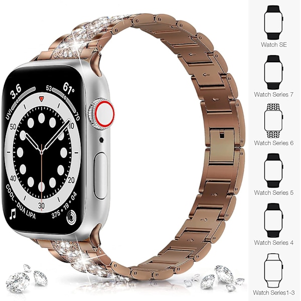 Remme for Apple Watch Band 41mm 38mm 40mm Serie 7 Serie 6 5 4 3 2 1 Se, Bling Erstatningsarmbånd Iwatch Band, Diamant Rhinestone Rustfritt Stål Metall W