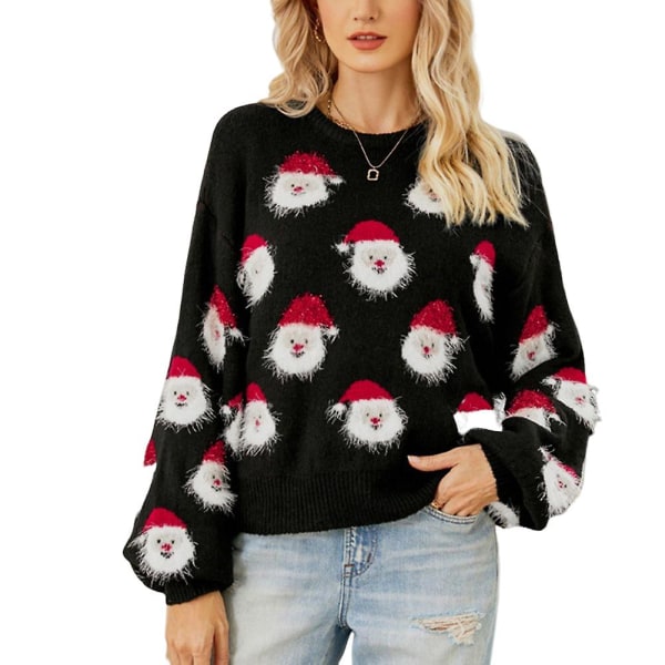 Julemands julesweater mode med rund hals, strikket sweatshirt med lange ærmer (M, sort)