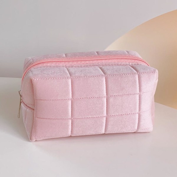 Bærbar makeuptaske i fløjl til rejsestørrelse med lynlås til opbevaring af toiletartikler (lyserød)