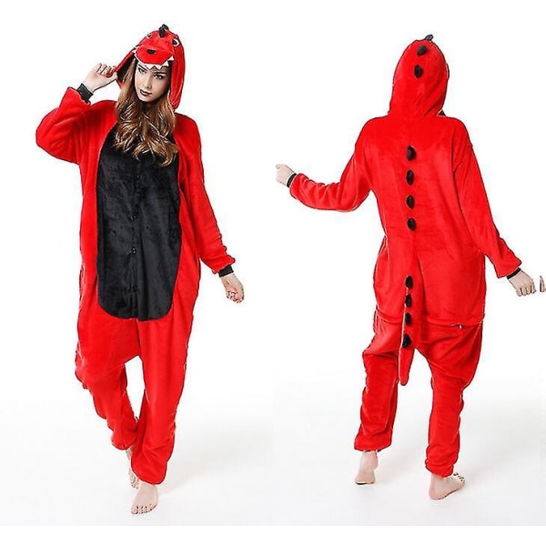 Onesie Flanell Vuxen Pyjamas Röd Dinosaur Anminal Cosplay kostym på Nesie Pyjamas(XL）