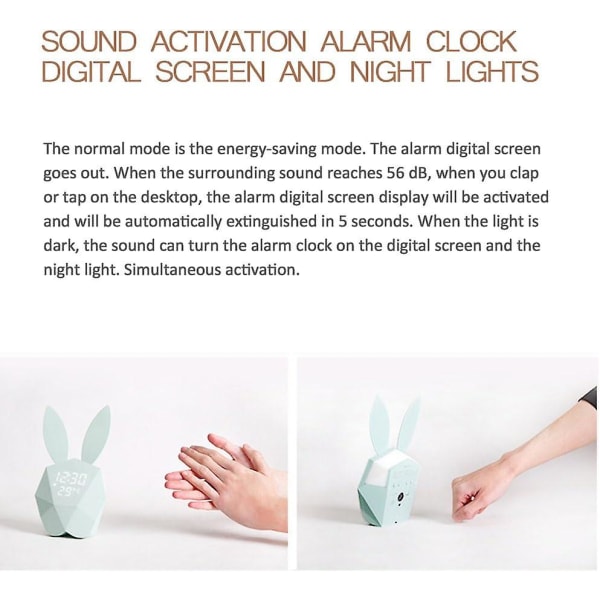 Rabbit Digital Display Vekkerklokke Led Nattlys Stemmekontroll 12t / 24t Tid Temperatur / Temperering