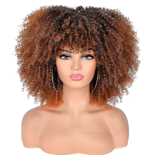 Afrikansk lockig peruk med lugg för svarta kvinnor 14 tum kort afrikansk lockig peruk Värmebeständig syntetisk hel peruk (ohm brunt tyg)