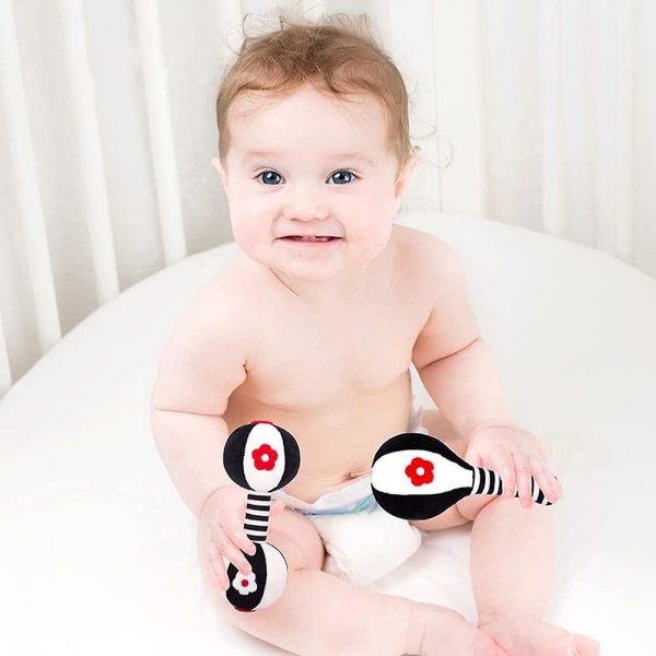 Baby Sensory Soft Rattle Toy,nyfödd Hand Rattle Set Svart och vit Sand Hammer Hantlar Baby Vision Training Tidig pedagogisk leksak för 0 3 6 9 12