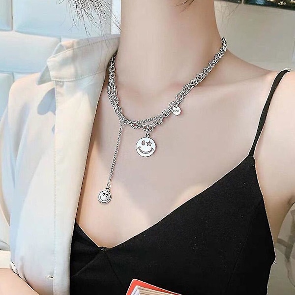 Men Lady Smiley Face Fake Two Piece Necklace Hip Hop Necklace