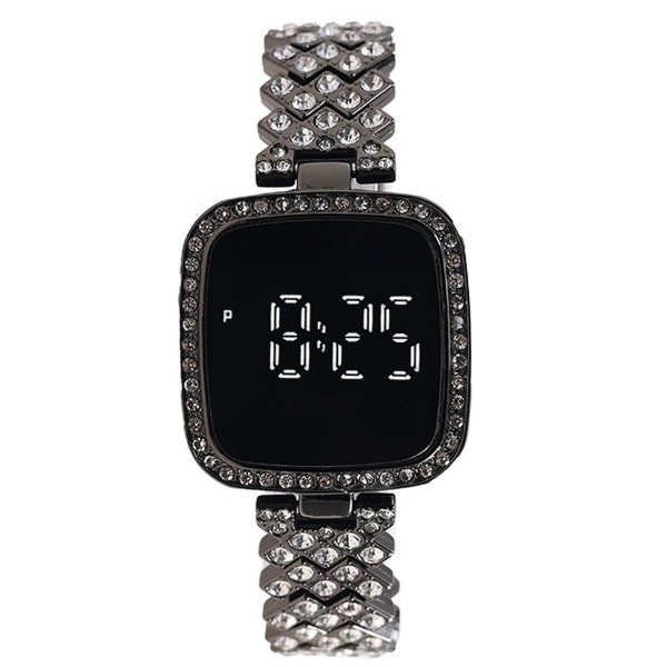 Kvinners krystallarmbåndsklokke Firkantet urskive digital klokke med rhinestones-bånd til kjærestens bursdagsgave (svart)